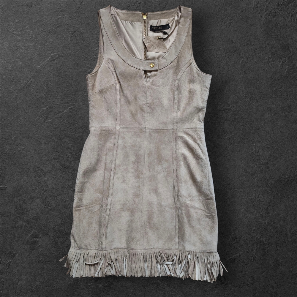 Supertrash Taupe Sleeveless Mini Dress with Fringe